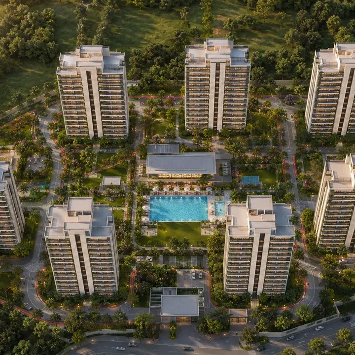 Signature Regal aerial view of the low-density tower community arranged around the central amenity precinct and swimming pool at Electronic City, Bengaluru