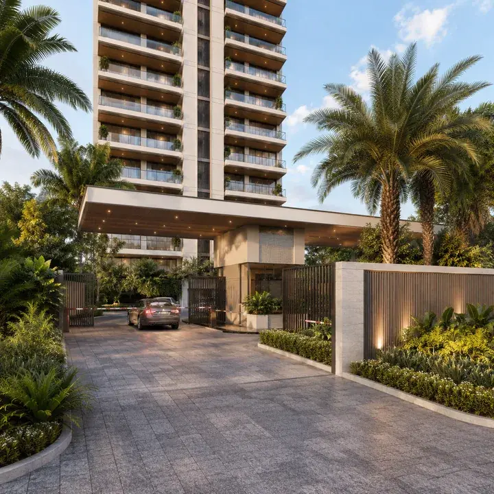 Signature Regal gated entrance and landscaped arrival driveway with the tower behind