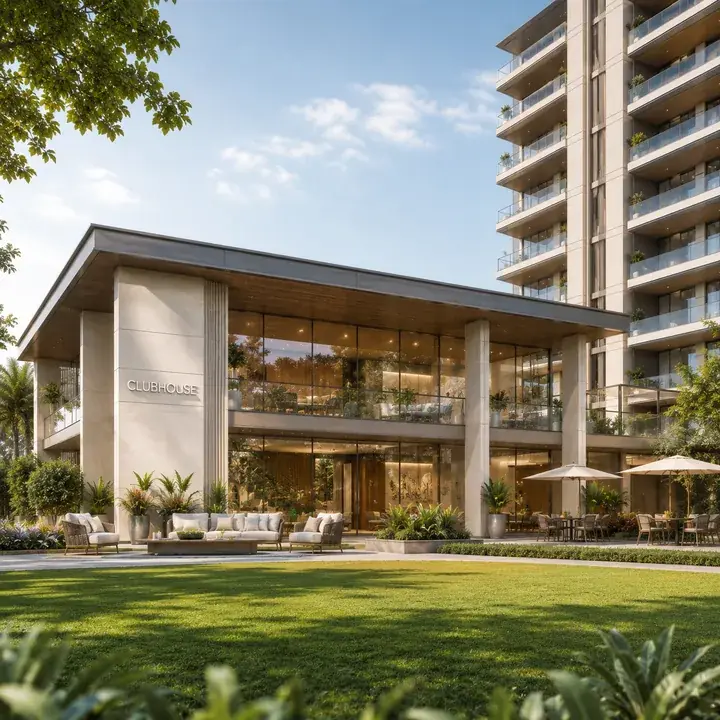 Signature Regal clubhouse exterior with double-height glazing and a landscaped lawn