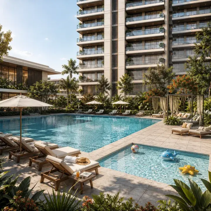 Signature Regal swimming pool and deck with a separate kids' pool beside the tower