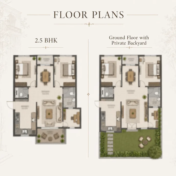 Signature Regal 2.5 BHK floor plan with the ground-floor private-backyard variant