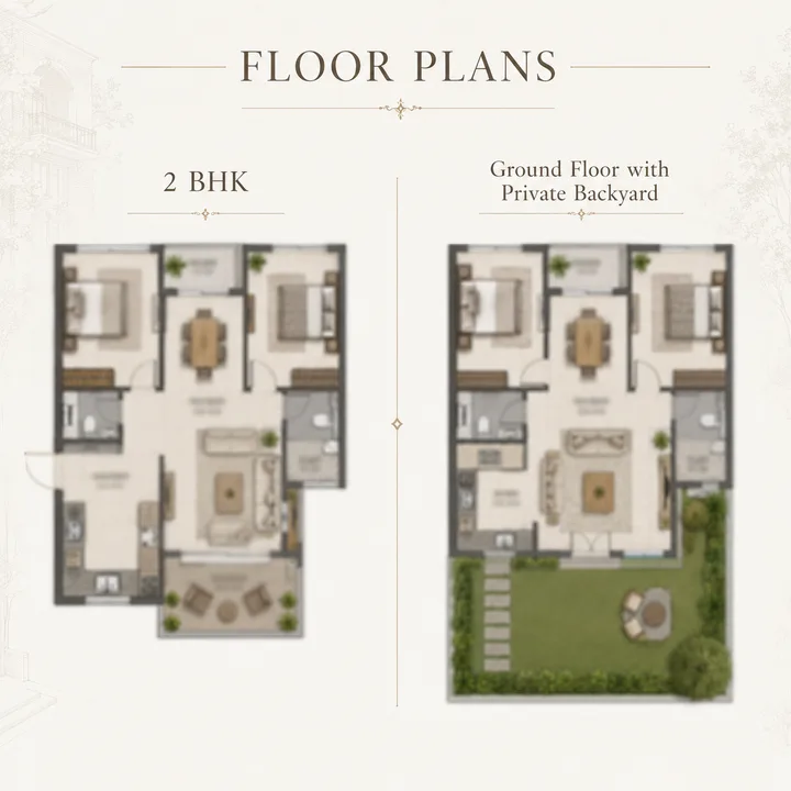 Signature Regal 2 BHK floor plan with the ground-floor private-backyard variant