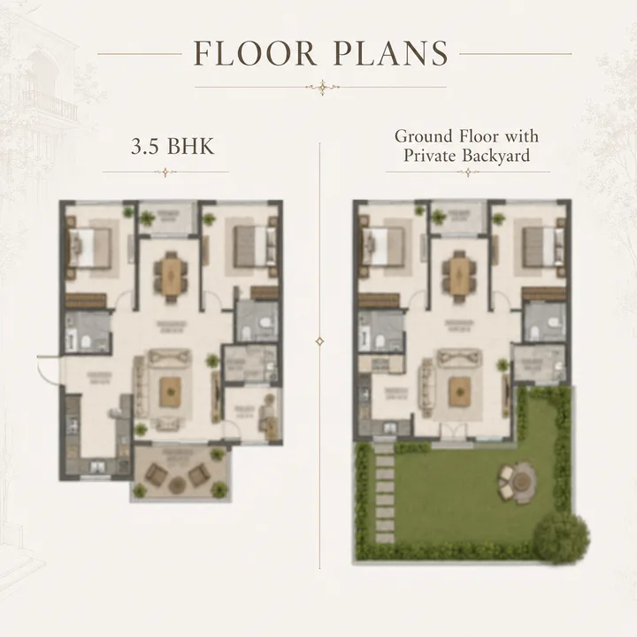 Signature Regal 3.5 BHK floor plan with the ground-floor private-backyard variant