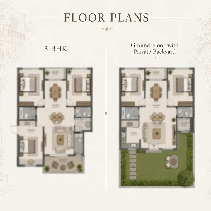 Signature Regal 3 BHK floor plan with the ground-floor private-backyard variant